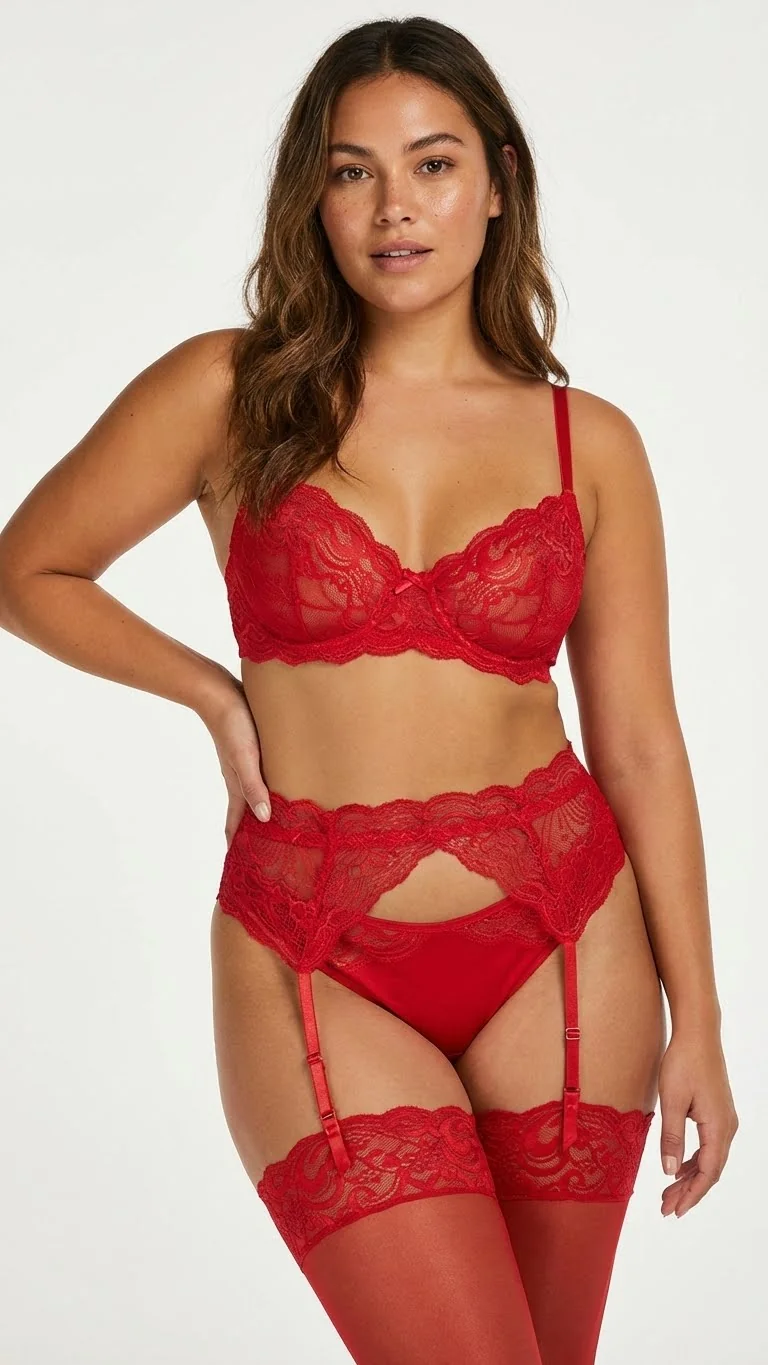 LunaIntim Gelin Çeyizlik Kırmızı Jartiyer Takımı Dantelli ve Fiyonklu Balayı Seti - Yan Görünüm